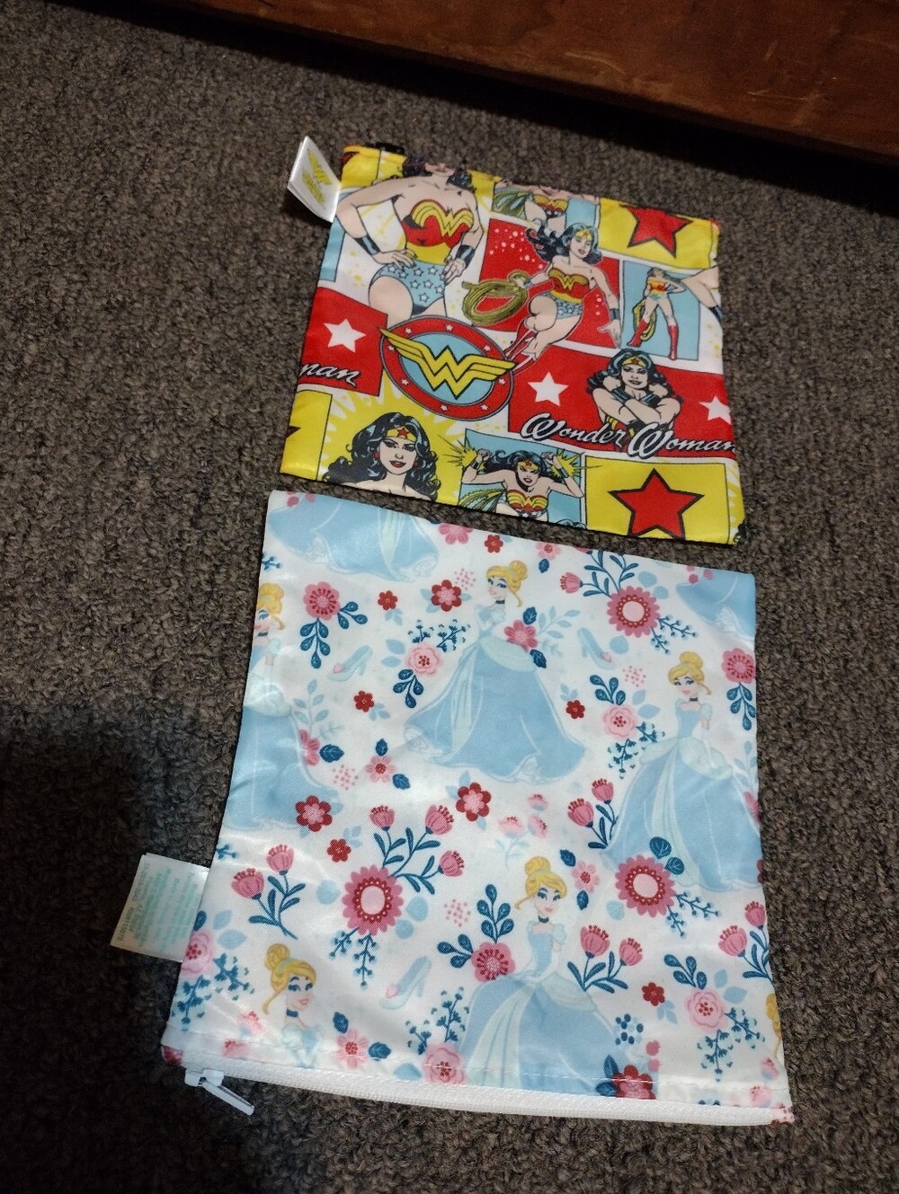 Wonder Woman & Cinderella Fabric Reusable Pouches - Yellow Red Blue Floral